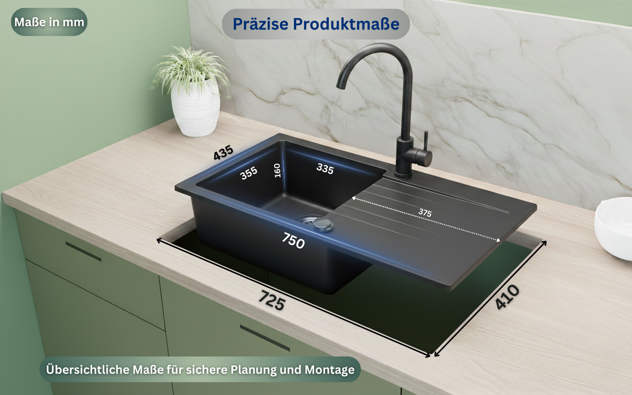 Granit Einbauspüle 76x44 Schwarz – mit Armatur & Siphon-Set