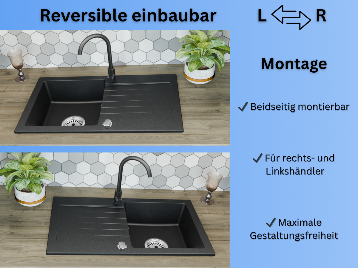 Granitspüle 75x43,5 mit Armatur & Abtropfgitter | inkl. Siphon