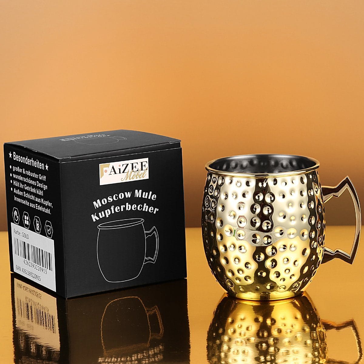 Faizee Home Moscow Mule Becher 530 ml – Gehämmerte Optik – Edelstahl innen –