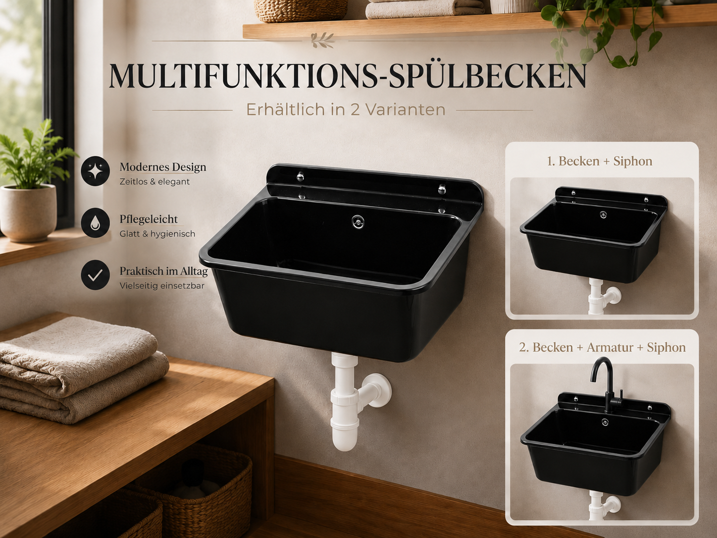 Faizee Home Industrie-Waschbecken Schwarz – 61 × 41 × 30 cm – Für Werkstatt, Garage, Baustelle & Hauswirtschaftsraum