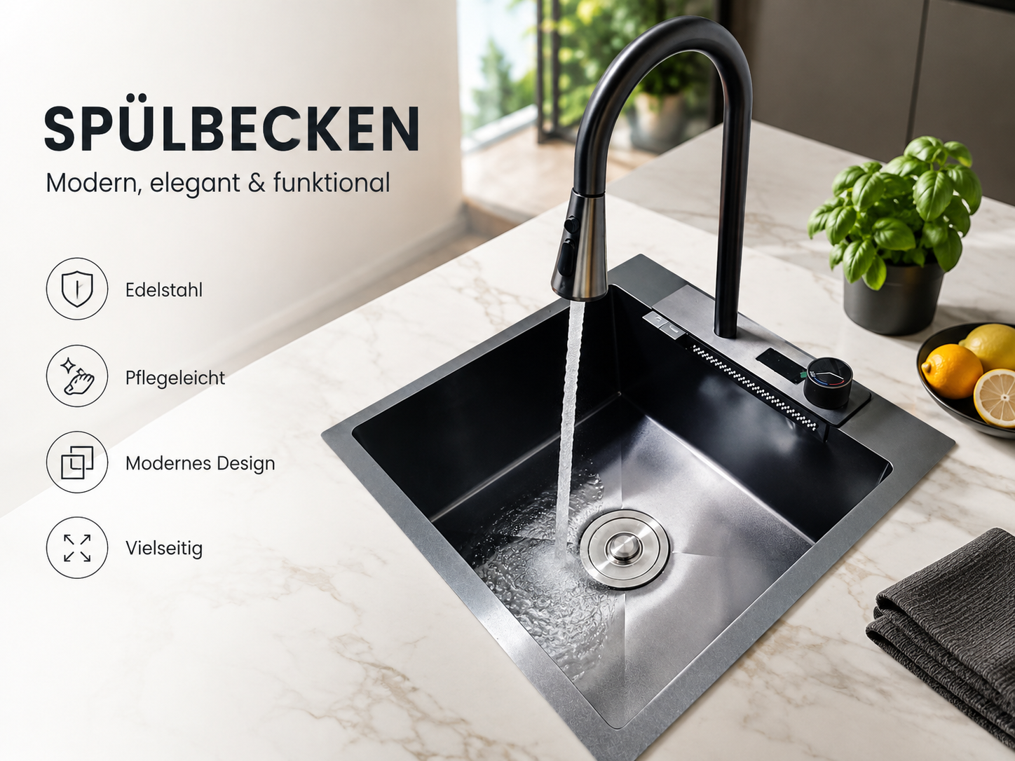 Faizee Home Inox Küchenspüle 50 × 48 cm Schwarz – Edelstahlspüle mit integrierter Armatur & Bedienfeld