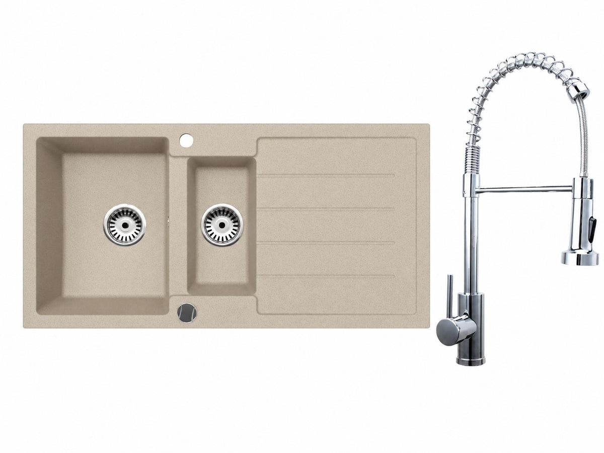 Faizee Home Granitspüle 100 × 50 cm mit 1,5 Becken – inkl. wählbarer Armatur & Siphon-Set