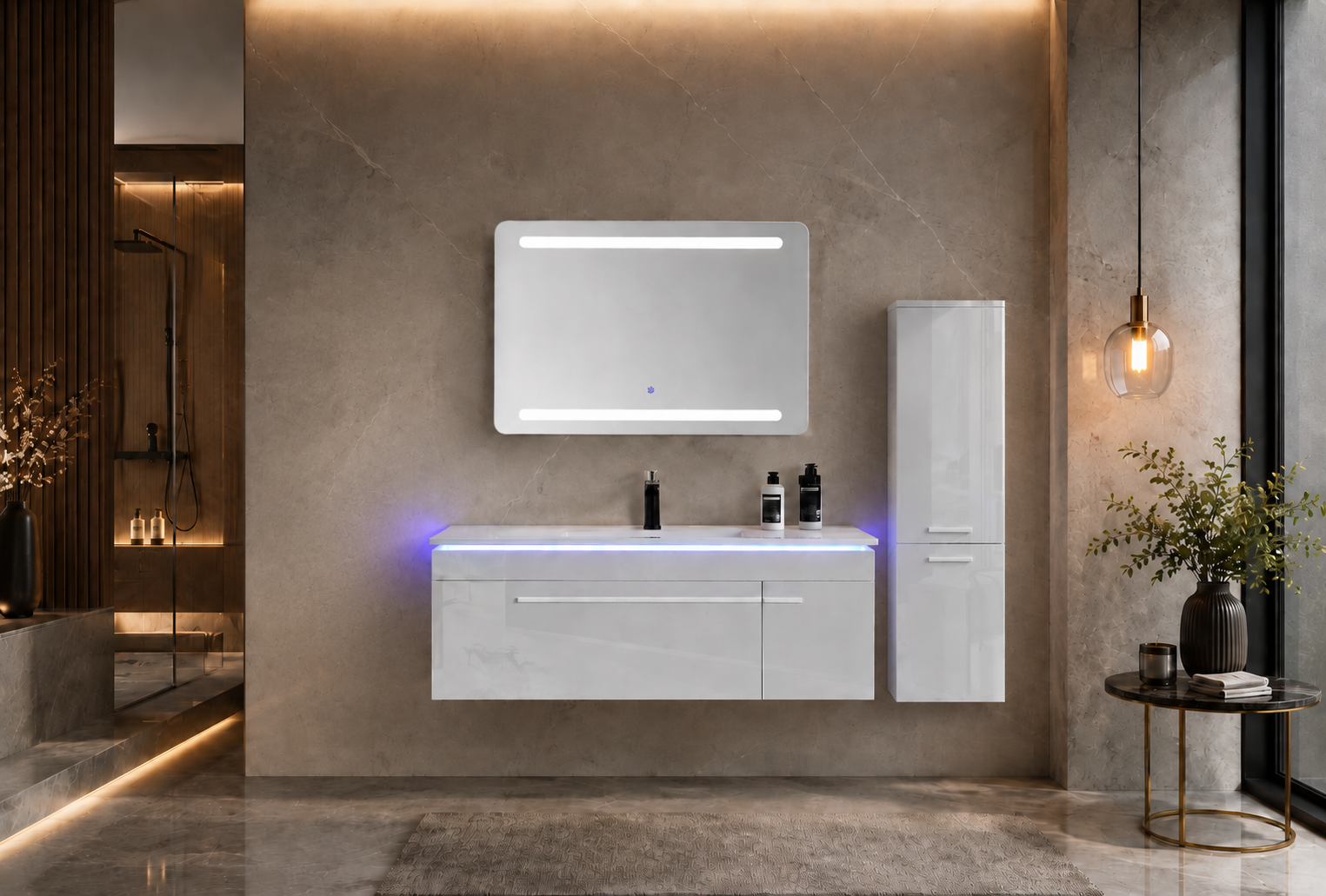 Faizee Home Badmöbelset 120 cm Hochglanz inkl. Keramik-Waschbecken, LED-Spiegel & 2 Seitenschränken