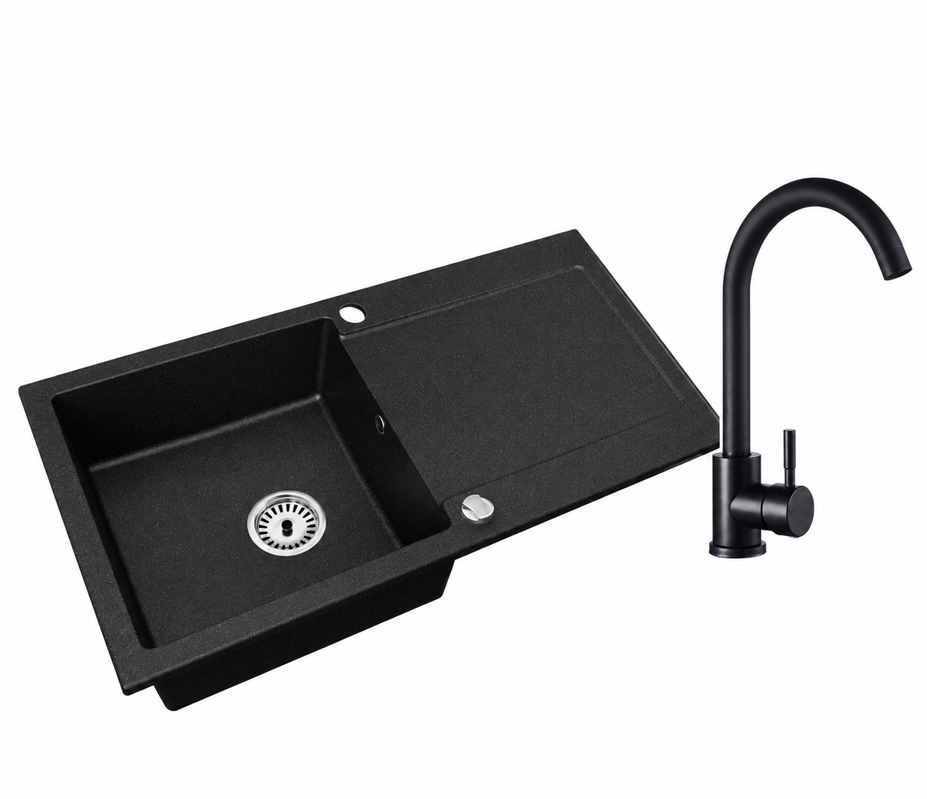 Granitspüle Element mit Abtropffläche – Einbauspüle beidseitig montierbar, inkl. Siphon Mit Armatur