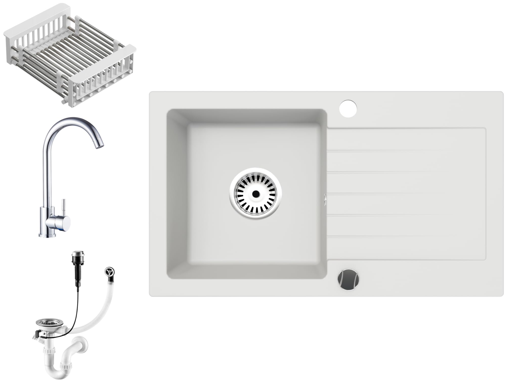 Granitspüle Alisha 75×43,5 cm – Reversible Einbauspüle mit Spülkorb & Siphon-Set Optional mit Armatur