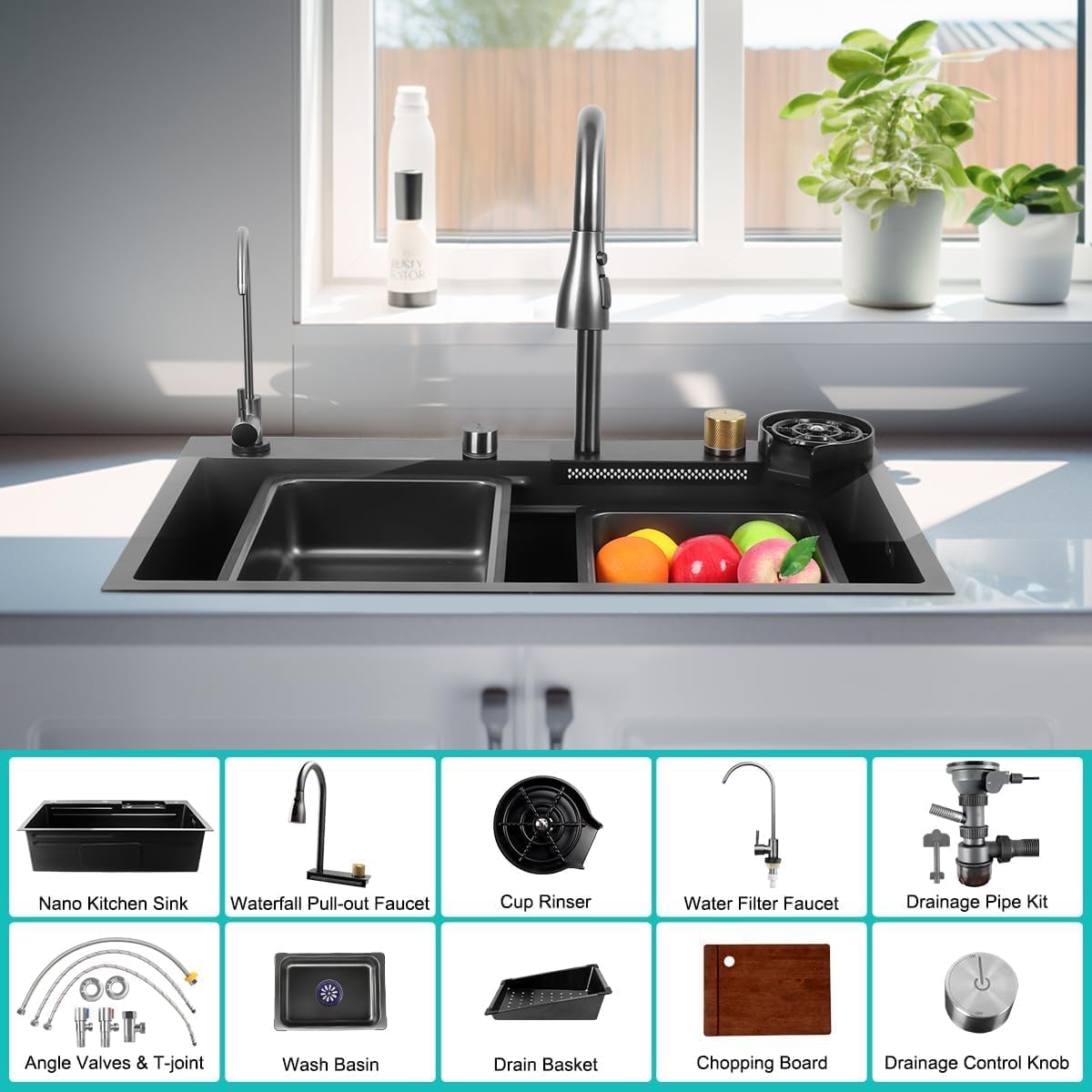 Neom Edelstahlspüle 75x45 cm mit 4-fach Wasserhahn, Wasserfall & Zubehör