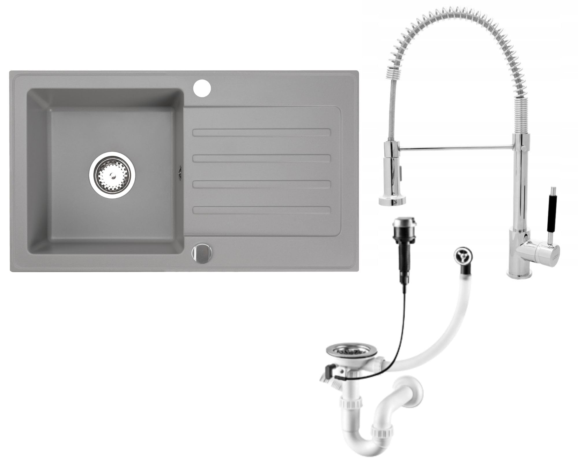 Granitspüle Alisha 75×43,5 cm mit Spiralarmatur – Reversible Einbauspüle mit Abtropffläche Inkl. Siphon-Set