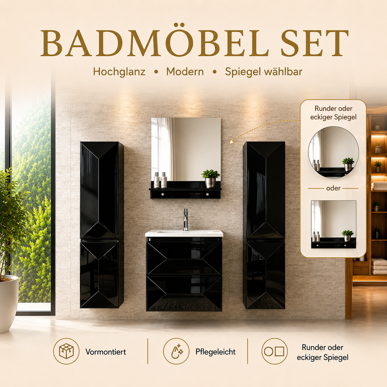 Miran Badmöbel-Set 60 cm Schwarz Hochglanz – Spiegel & Seitenschränke wählbar