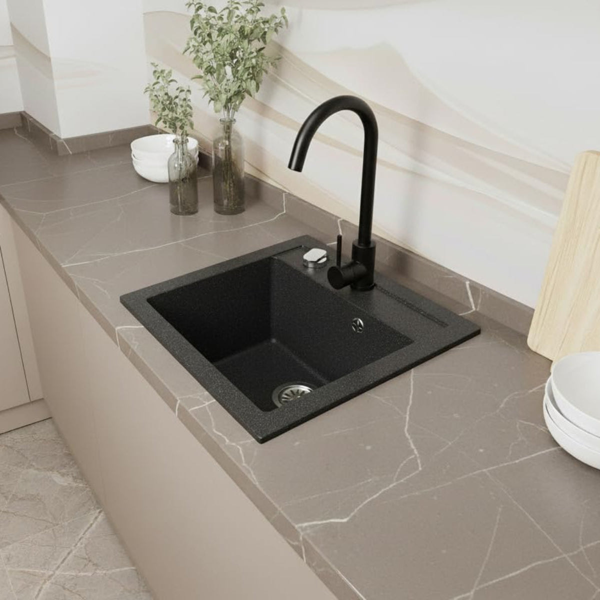Granitspüle 49x52 cm – Milano Einbauspüle, reversibel montierbar, inkl. Siphon