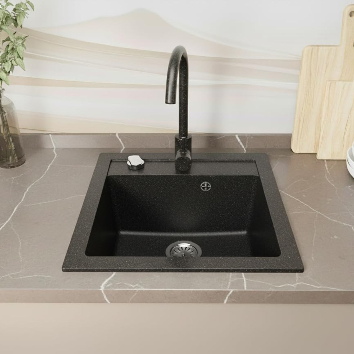 Granitspüle 49x52 cm – Milano Einbauspüle, reversibel montierbar, inkl. Siphon