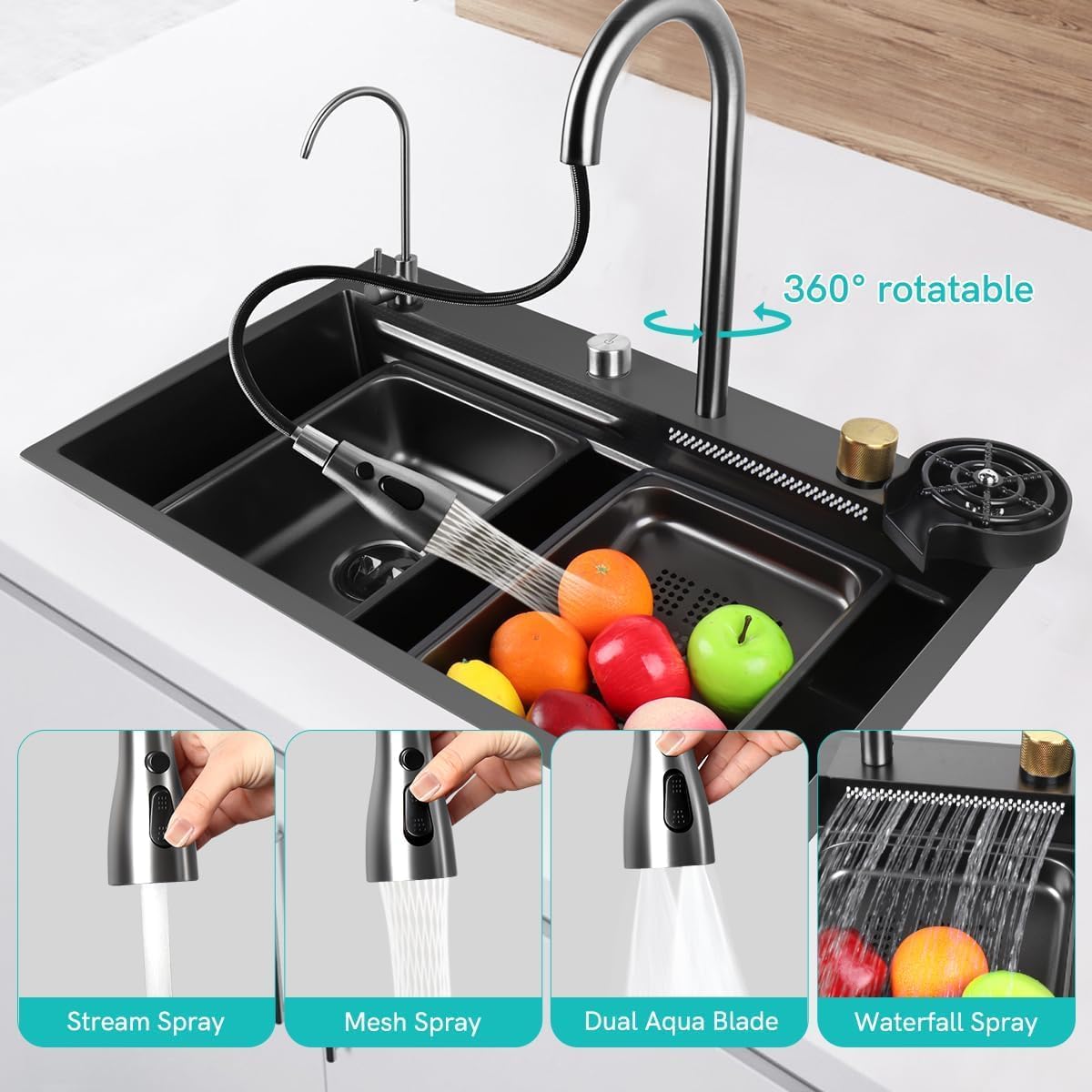 Neom Edelstahlspüle 75x45 cm mit 4-fach Wasserhahn, Wasserfall & Zubehör