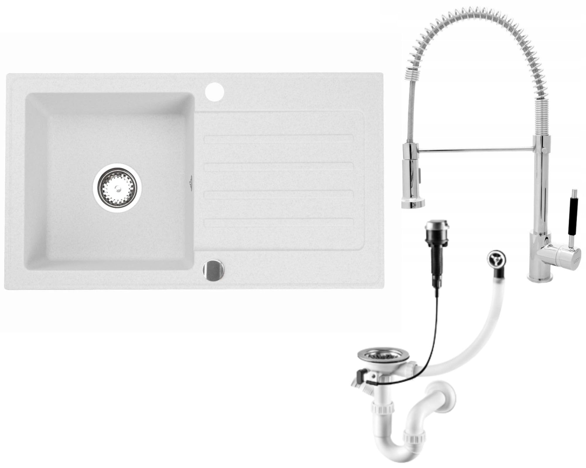 Granitspüle Alisha 75×43,5 cm mit Spiralarmatur – Reversible Einbauspüle mit Abtropffläche Inkl. Siphon-Set