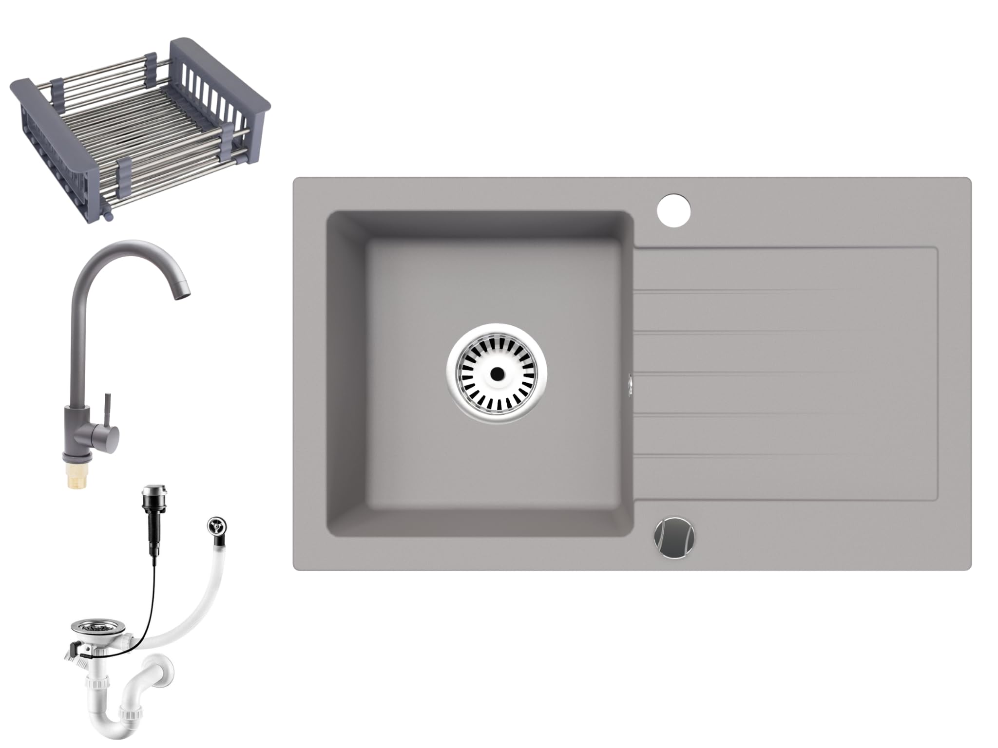 Granitspüle Alisha 75×43,5 cm – Reversible Einbauspüle mit Spülkorb & Siphon-Set Optional mit Armatur