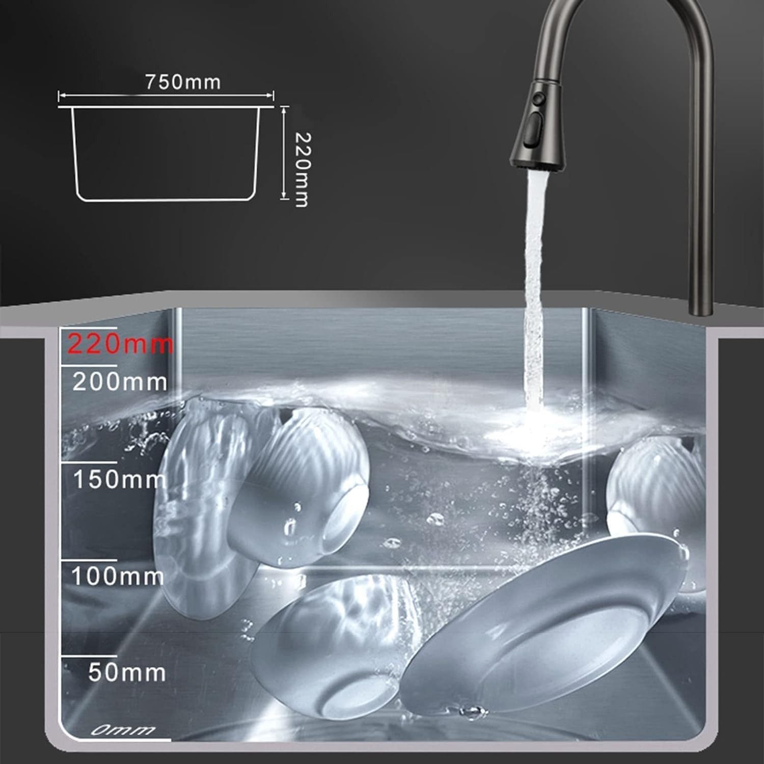 Nano Küchenspüle 75x46 cm in Silber mit Armatur