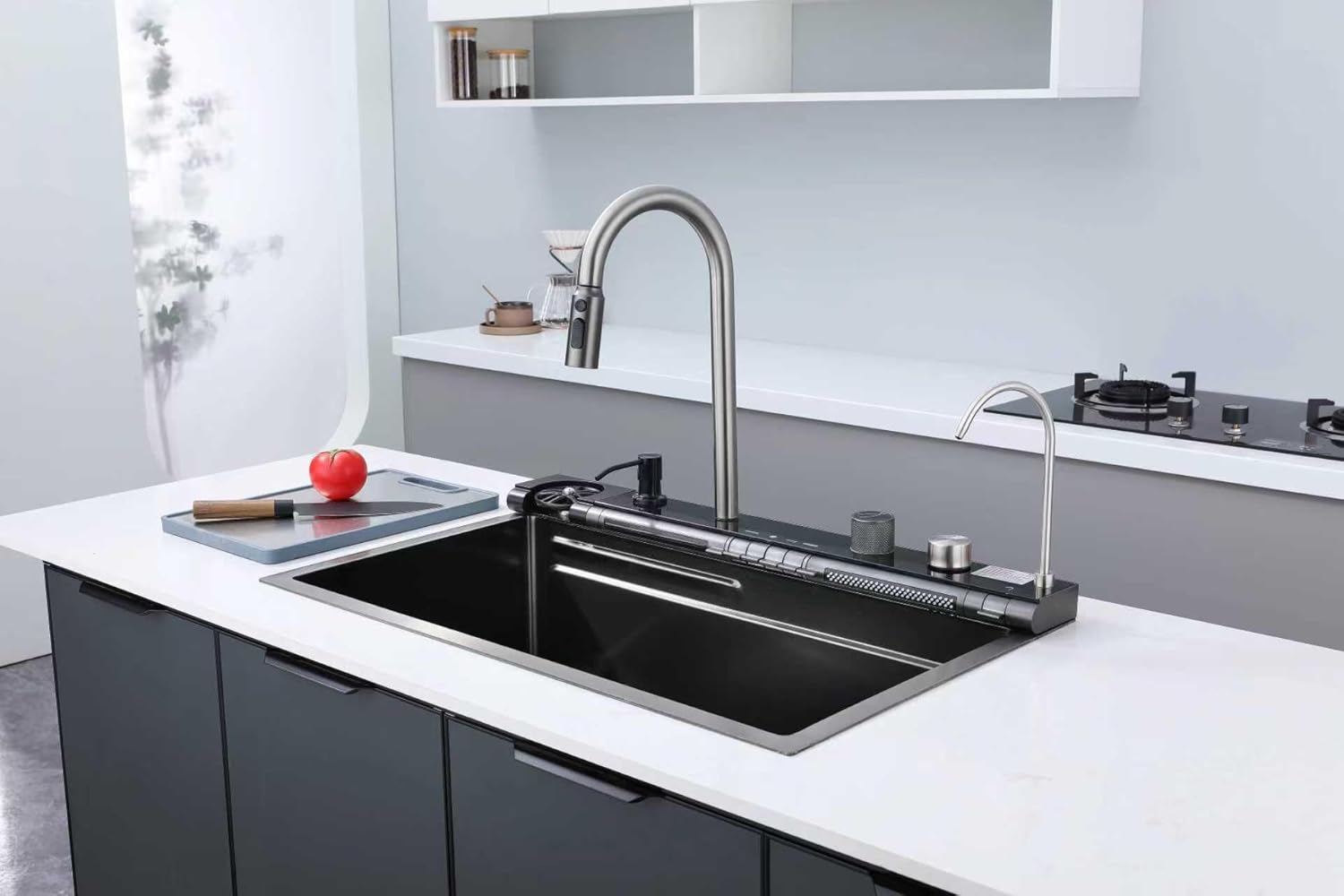 Infinity Edelstahlspüle 75x46 cm Schwarz – Küchenspüle mit Abtropffläche, Armatur mit Sprühfunktion, Glassspüler & Seifenspender | Einbauspüle Küche