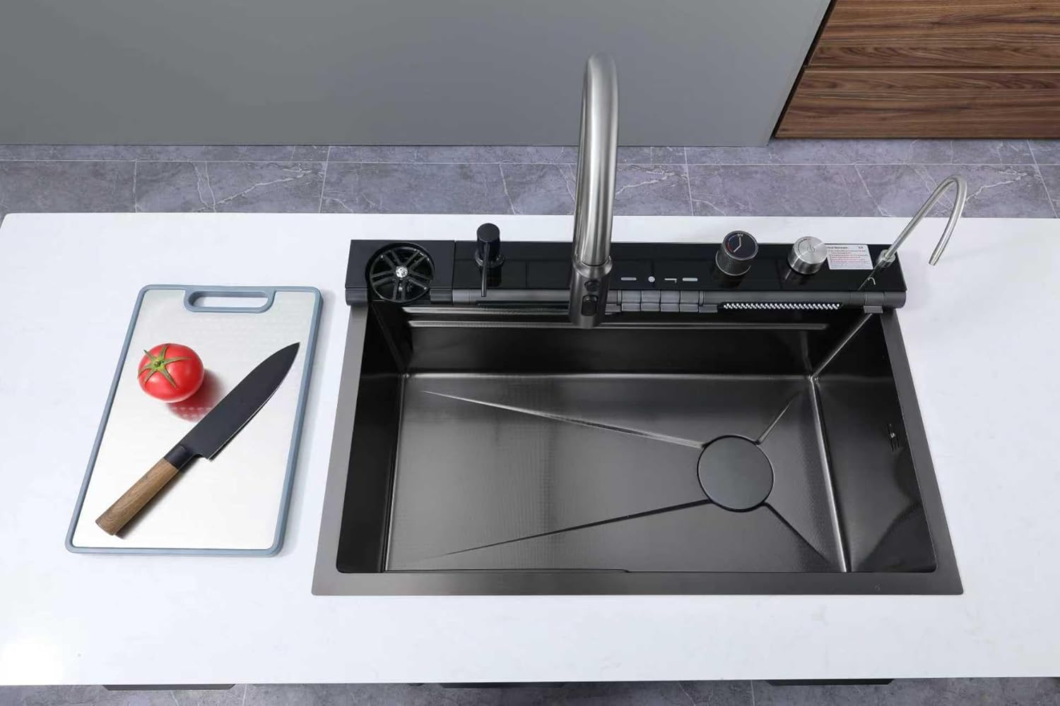 Infinity Edelstahlspüle 75x46 cm Schwarz – Küchenspüle mit Abtropffläche, Armatur mit Sprühfunktion, Glassspüler & Seifenspender | Einbauspüle Küche