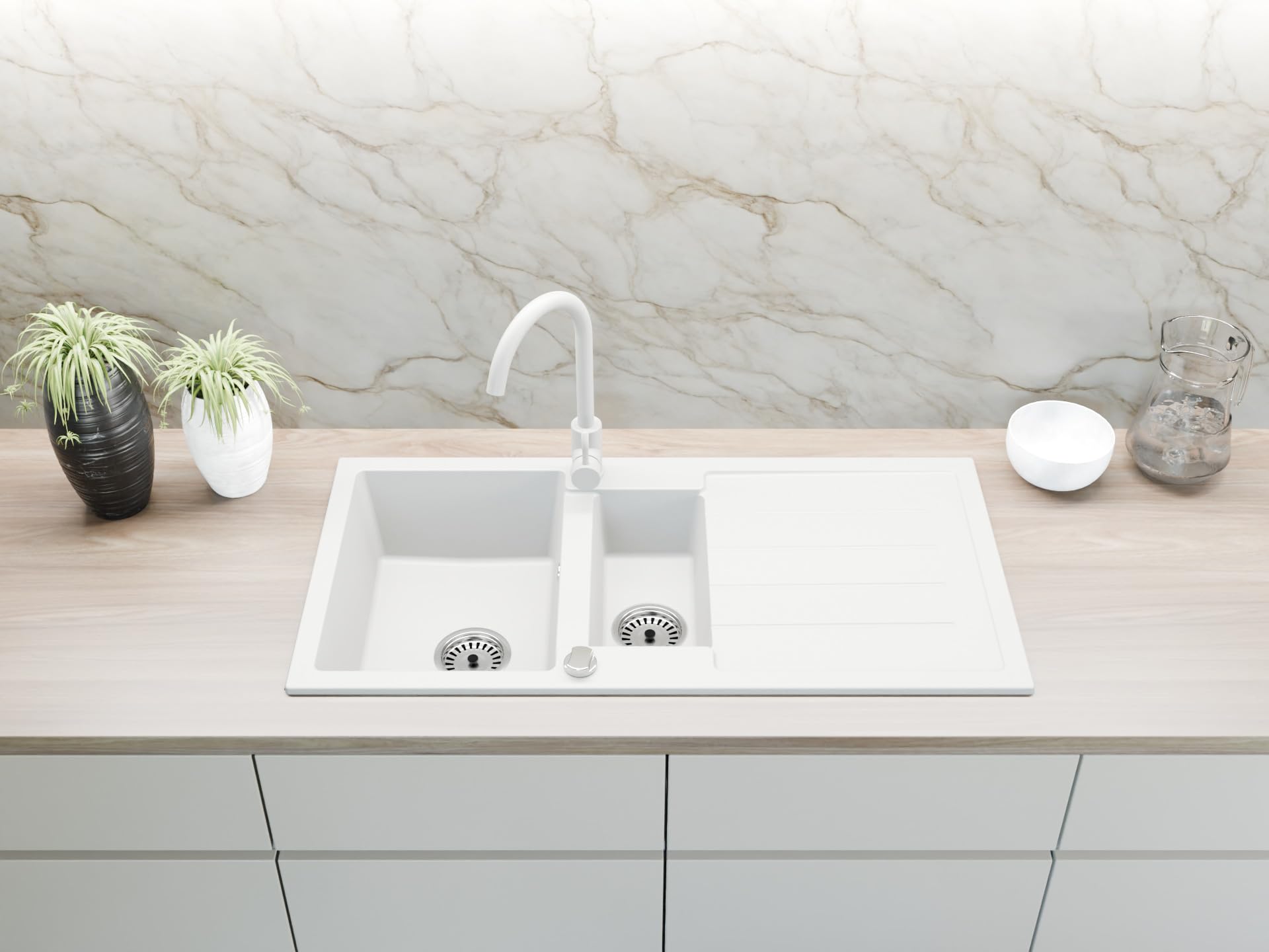 Granitspüle 100x50 cm 2 Becken mit Abtropffläche und Armatur
