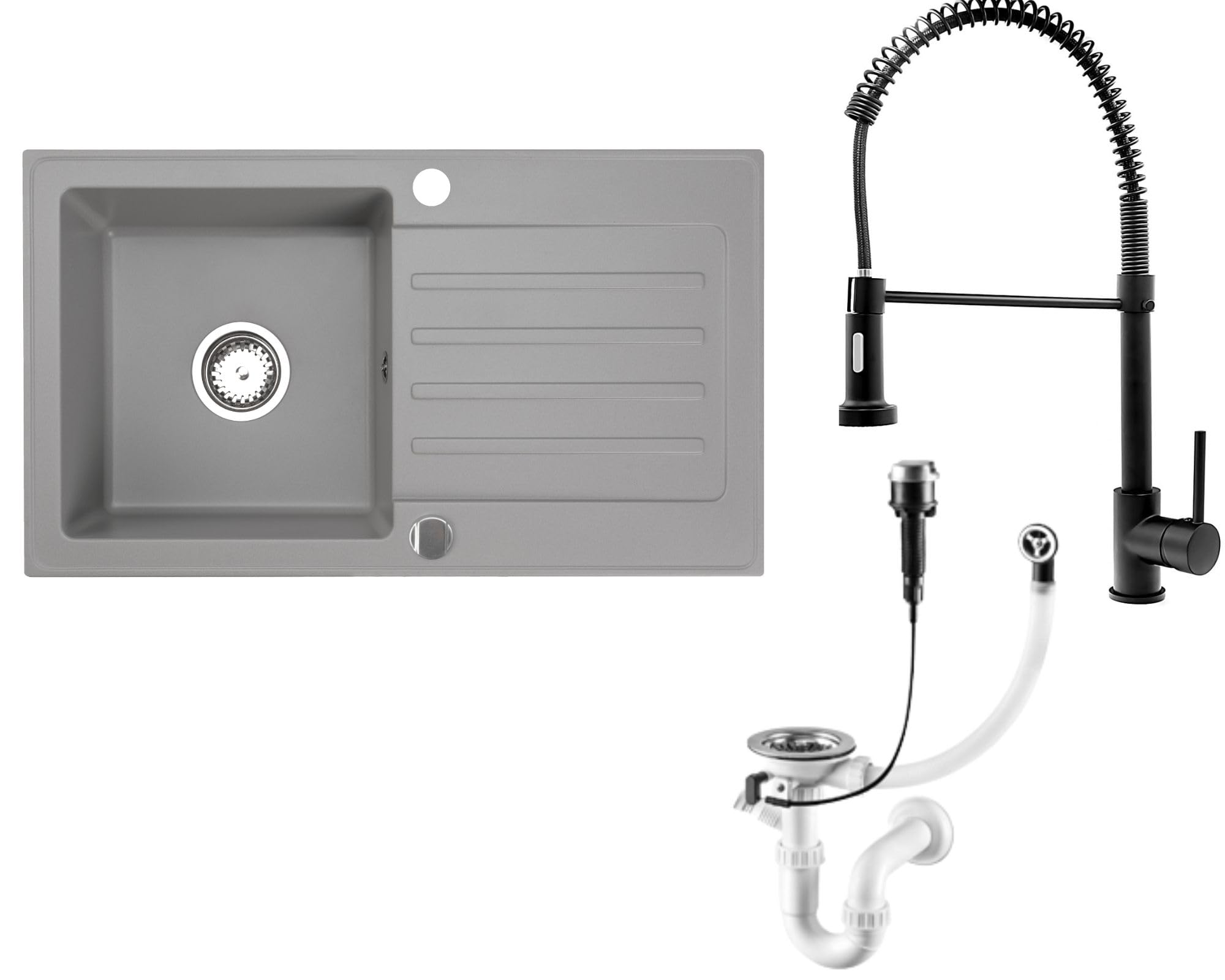 Granitspüle Alisha 75×43,5 cm mit Spiralarmatur – Reversible Einbauspüle mit Abtropffläche Inkl. Siphon-Set