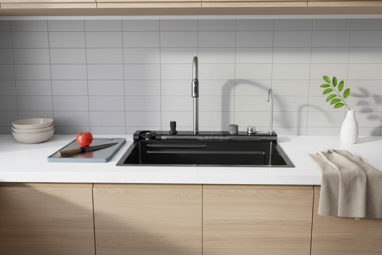 Infinity Edelstahlspüle 75x46 cm Schwarz – Küchenspüle mit Abtropffläche, Armatur mit Sprühfunktion, Glassspüler & Seifenspender | Einbauspüle Küche
