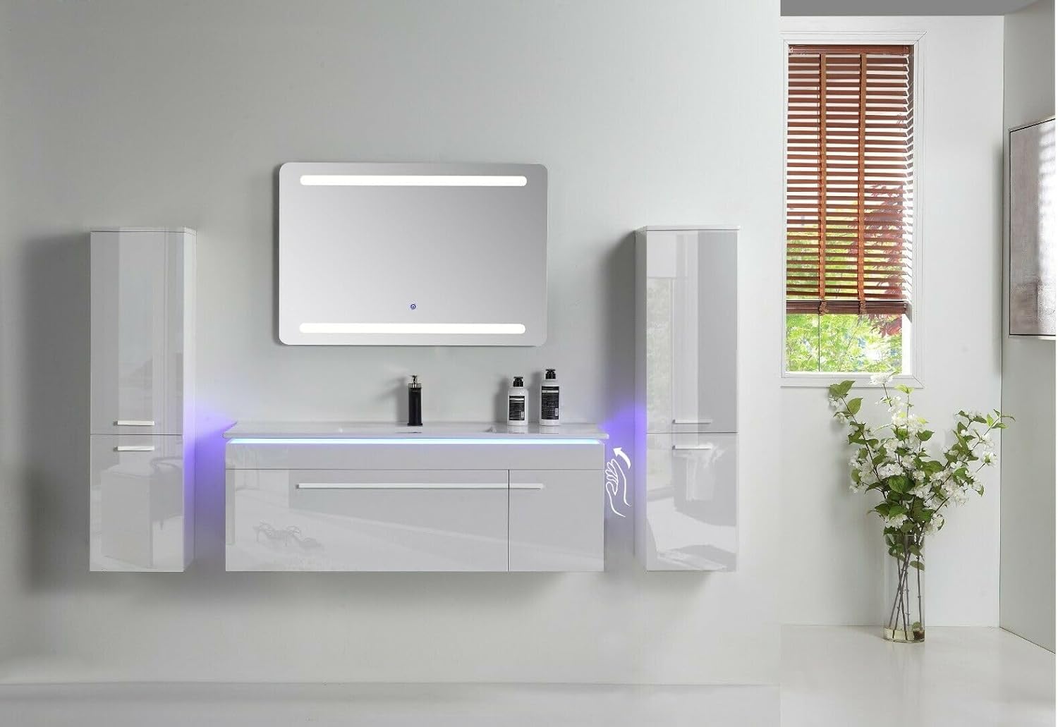 5-tlg Badmöbel Set – 90 cm Weiß Hochglanz mit LED Spiegel