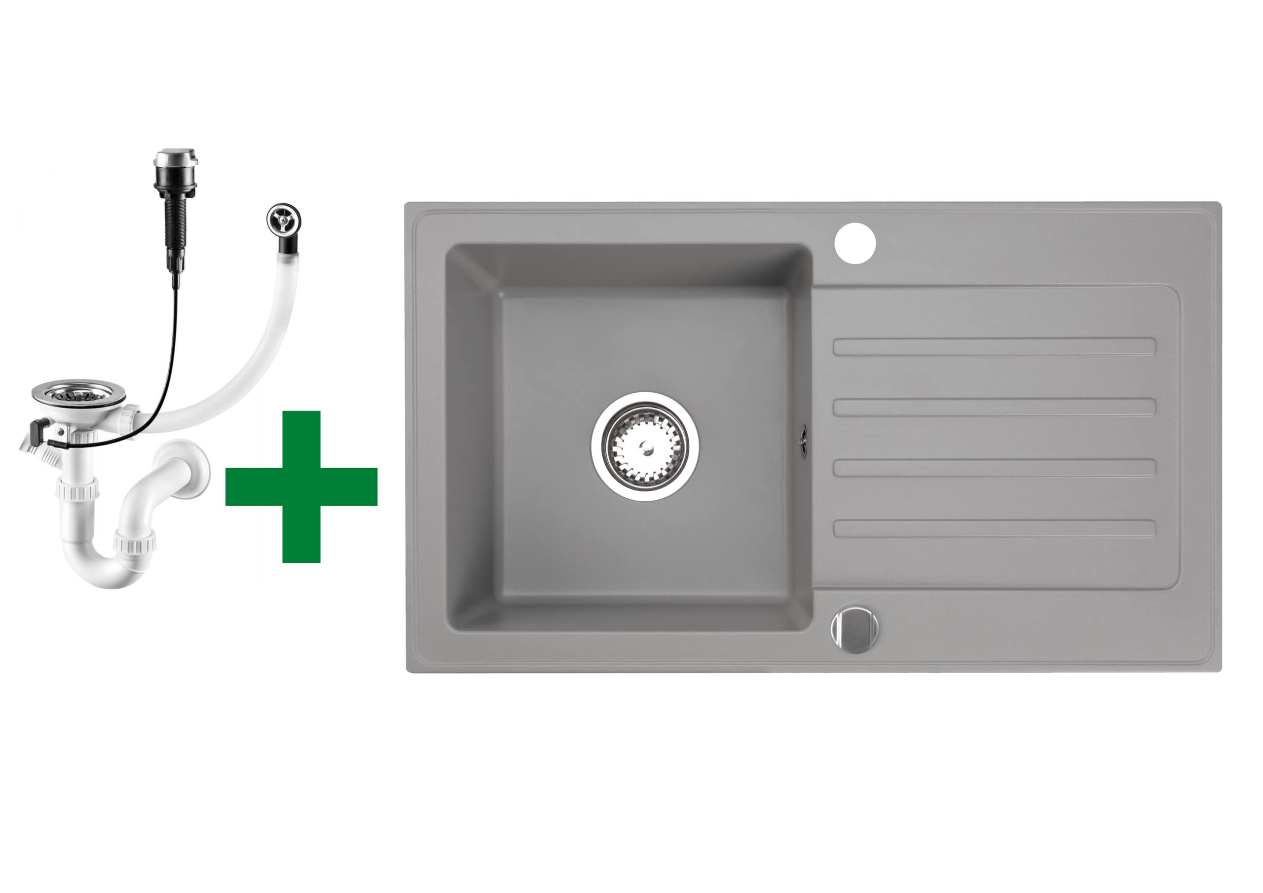 Granitspüle Alisha 75×43,5 cm mit Spiralarmatur – Reversible Einbauspüle mit Abtropffläche Inkl. Siphon-Set