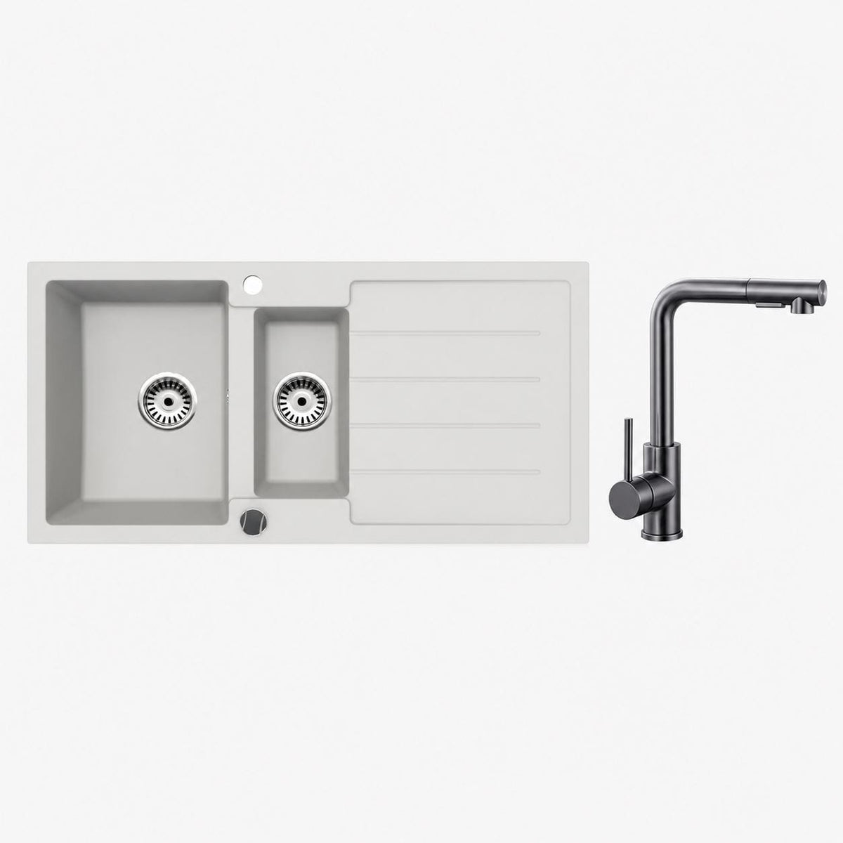 Faizee Home Granitspüle 100 × 50 cm mit 1,5 Becken – inkl. wählbarer Armatur & Siphon-Set