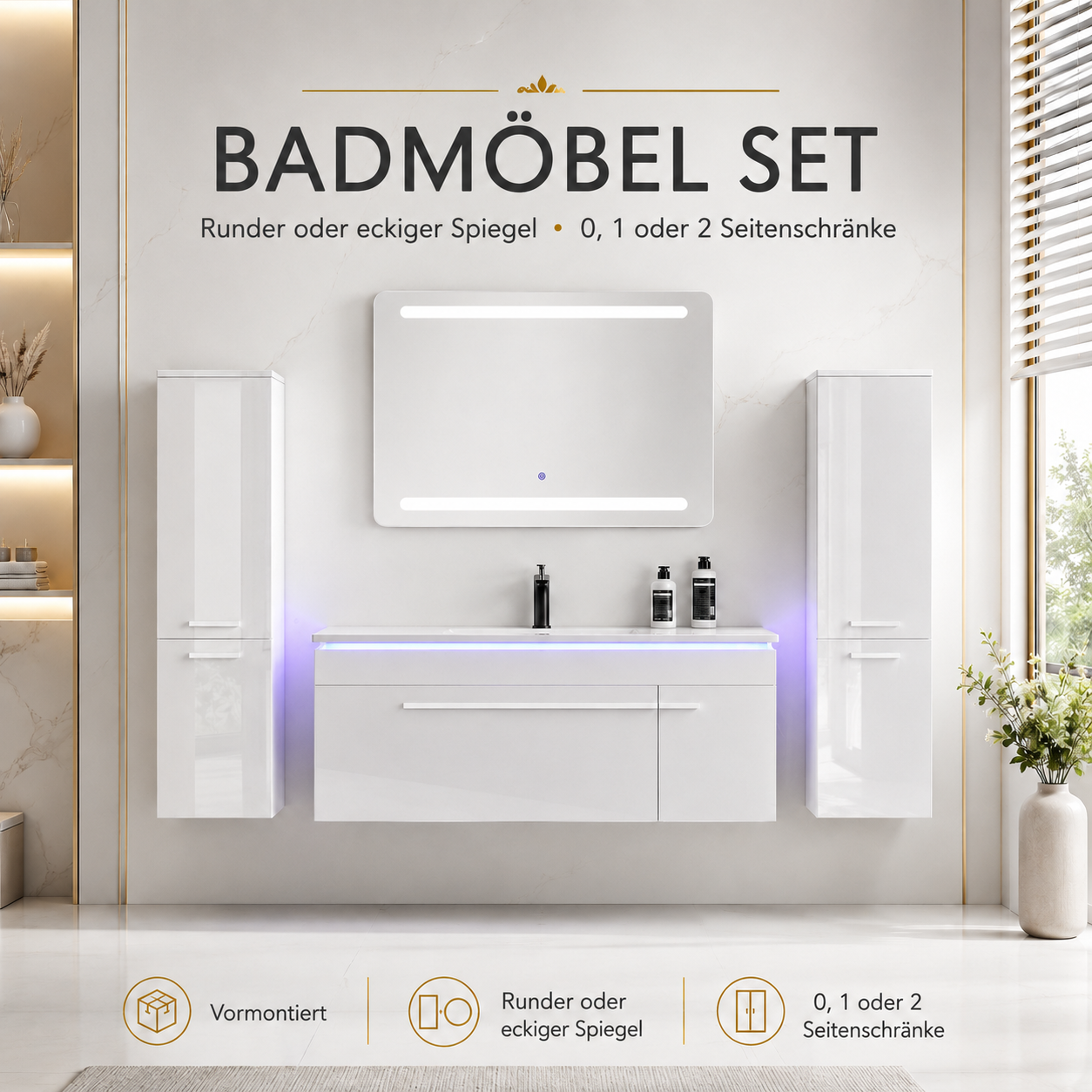 Faizee Home Badmöbelset 90 cm Hochglanz inkl. Keramik-Waschbecken, LED-Spiegel & vormontiertem Unterschrank