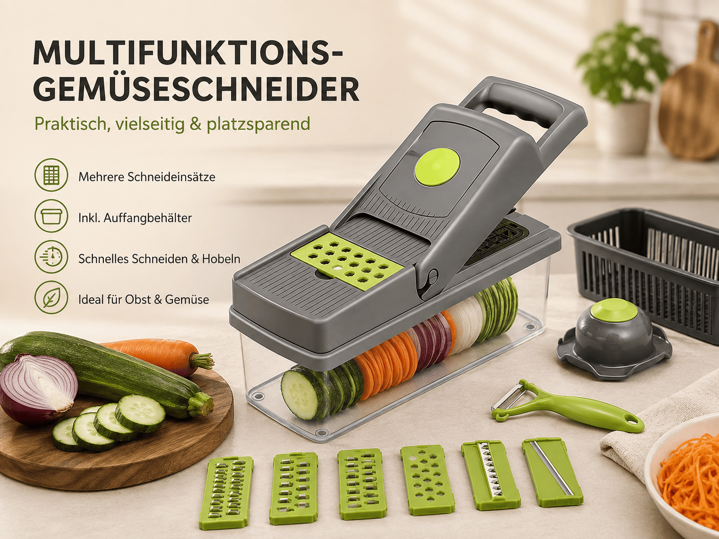 Faizee Home Multifunktionaler Gemüseschneider – 6 Einsätze – Edelstahlklingen – Mit Auffangbehälter
