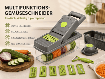 Faizee Home Multifunktionaler Gemüseschneider – 6 Einsätze – Edelstahlklingen – Mit Auffangbehälter