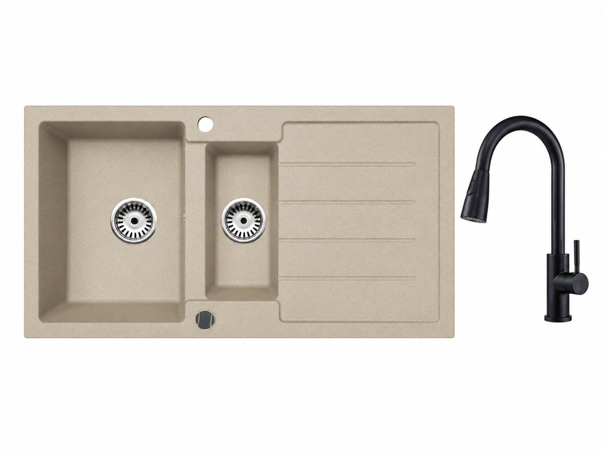 Faizee Home Granitspüle 100 × 50 cm mit 1,5 Becken – inkl. wählbarer Armatur & Siphon-Set