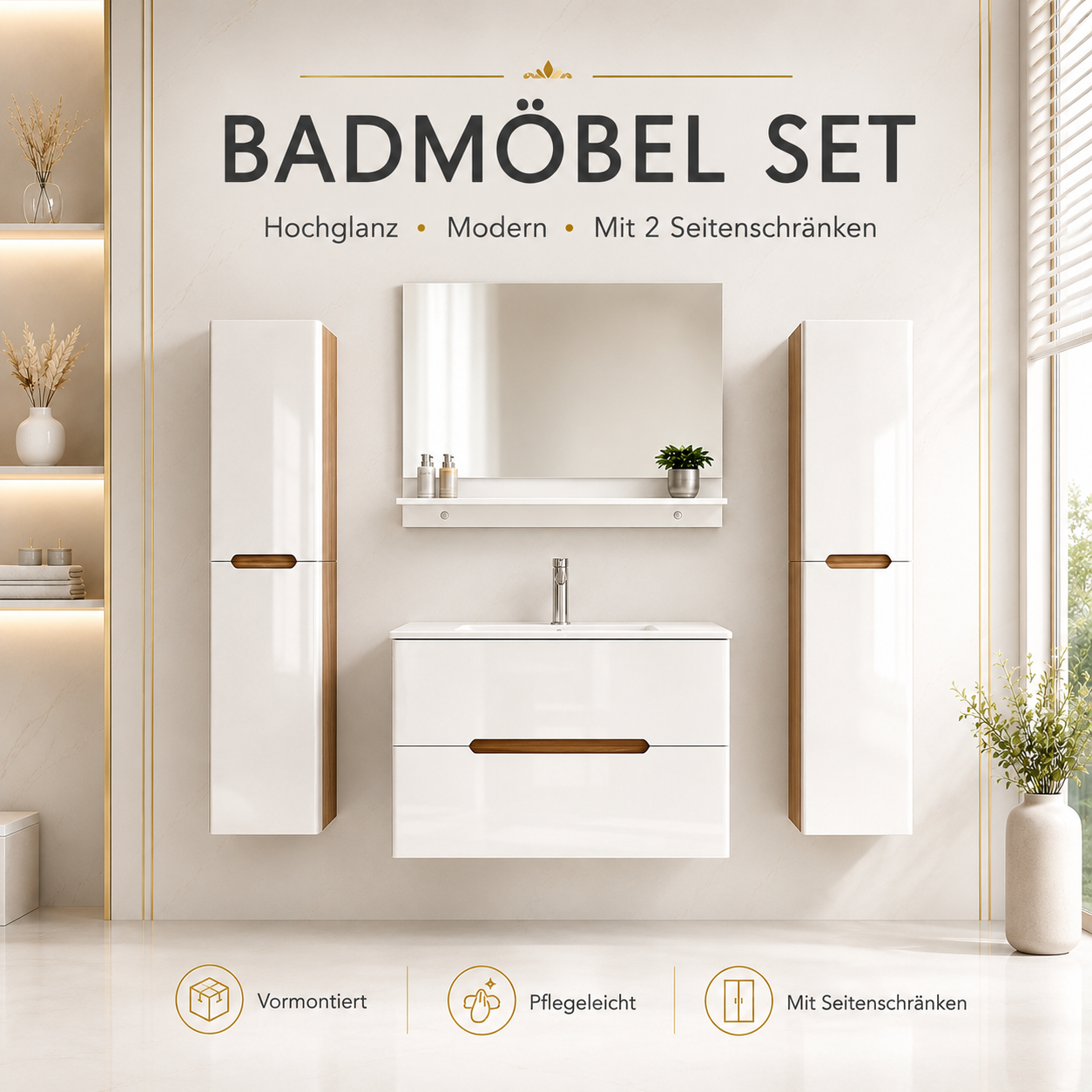 Faizee Home Badmöbelset Aliyah 90 cm Hochglanz Weiß Sonoma inkl. Waschbecken, Spiegel & Regal