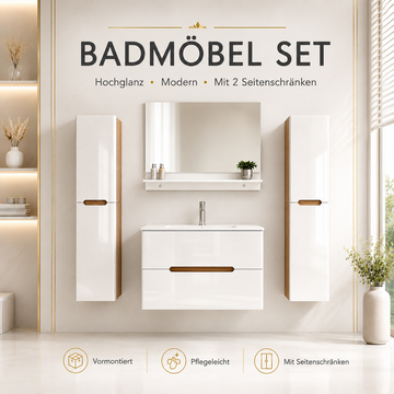 Faizee Home Badmöbelset Aliyah 90 cm Hochglanz Weiß Sonoma inkl. Waschbecken, Spiegel & Regal