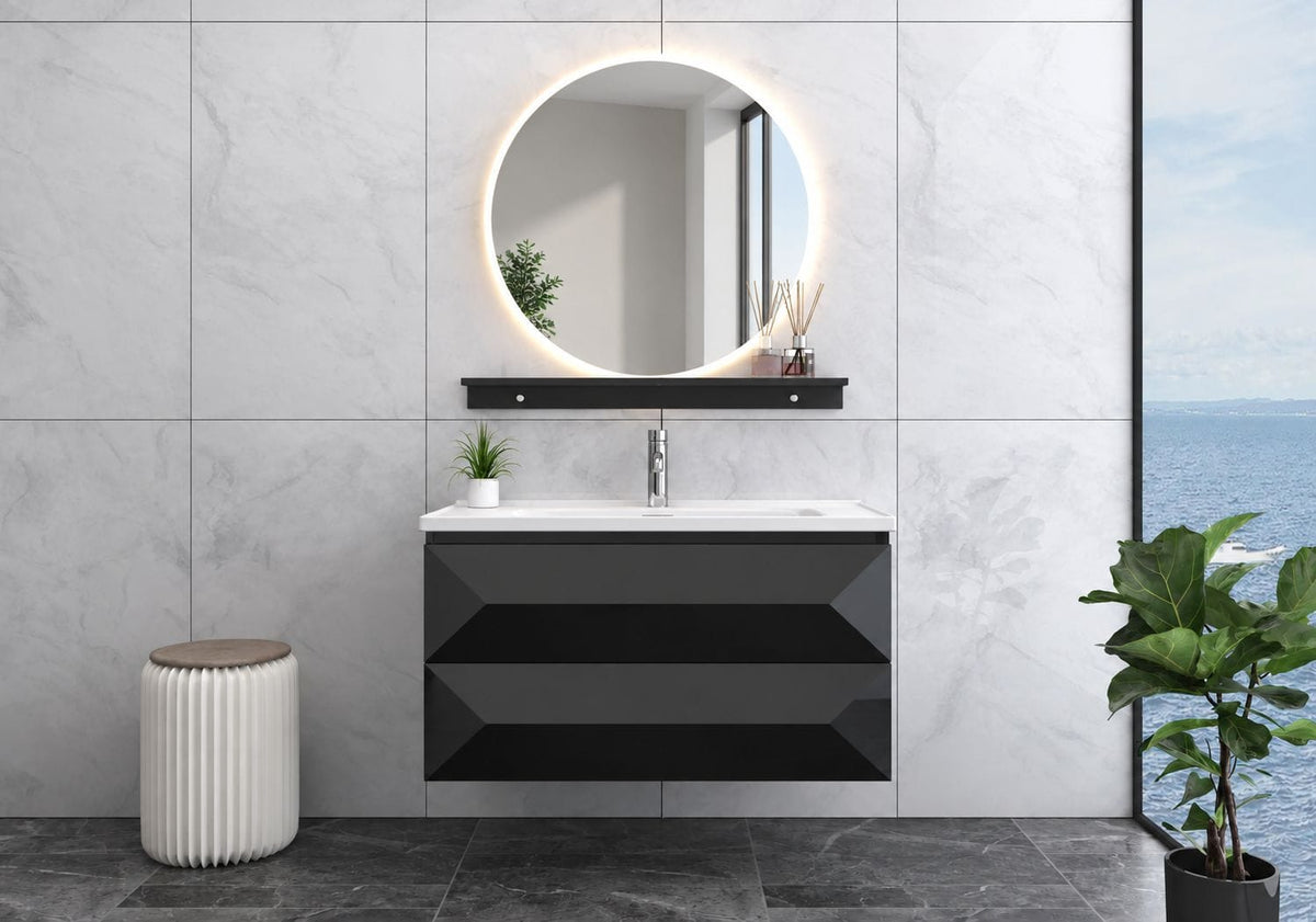 Faizee Home Badmöbel-Set 90 cm Schwarz inkl. Keramik-Waschbecken, Spiegel & wählbaren Seitenschränken