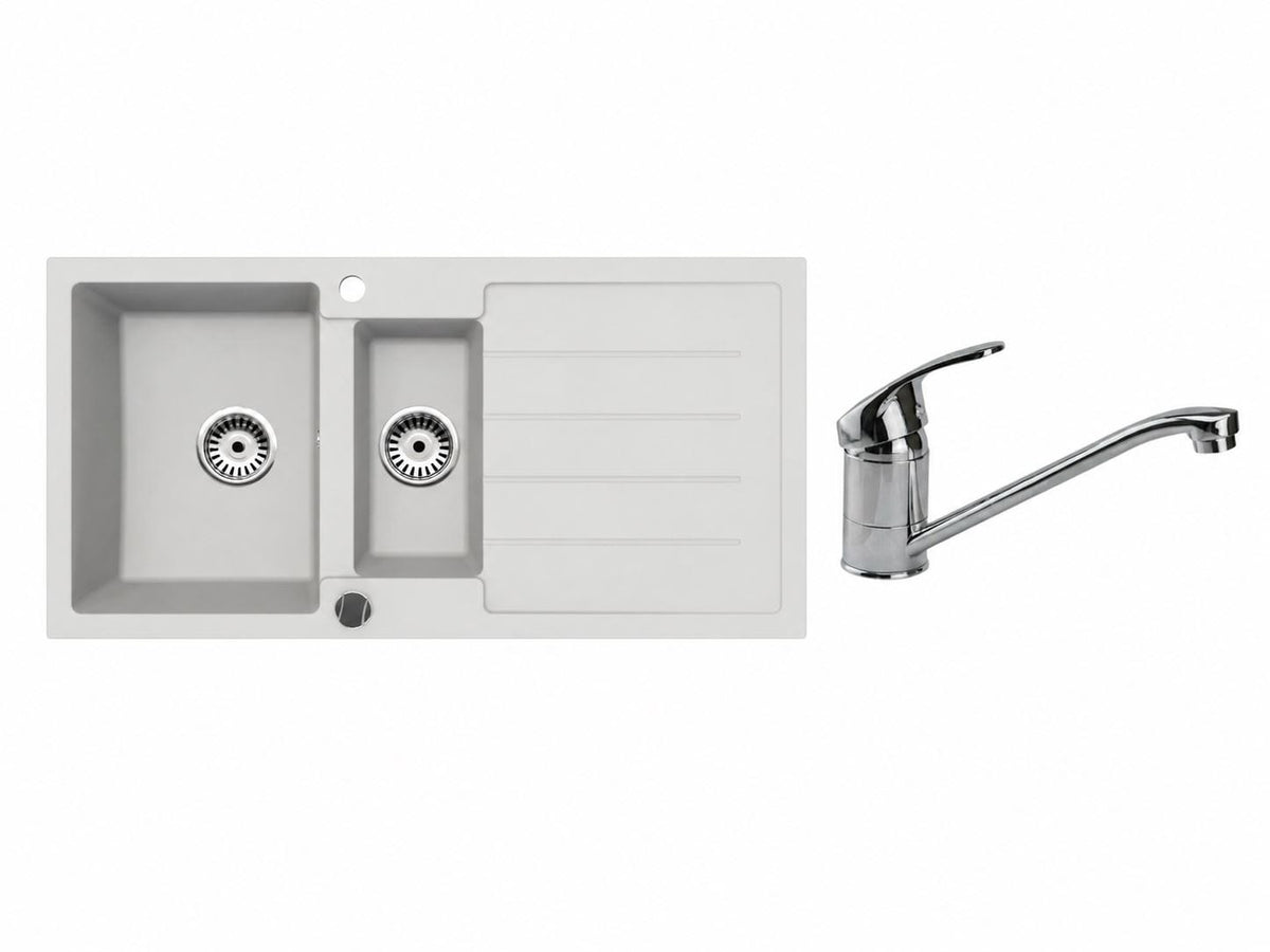Faizee Home Granitspüle 100 × 50 cm mit 1,5 Becken – inkl. wählbarer Armatur & Siphon-Set