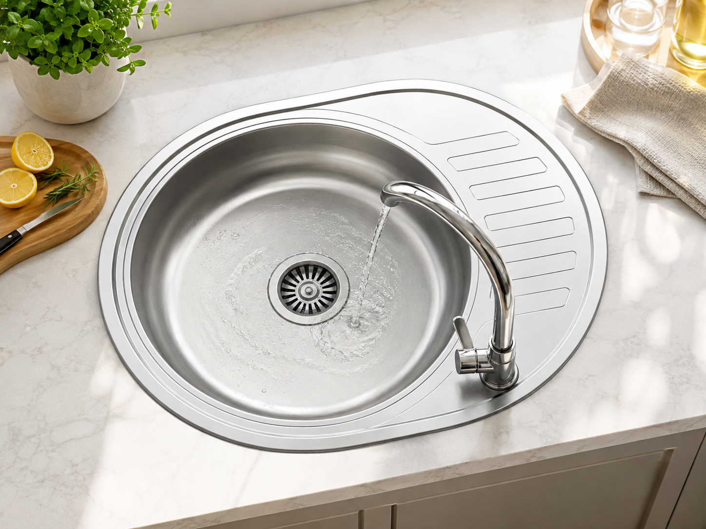 Faizee Home Edelstahlspüle 57 × 45 cm – Oval, Reversibel – Mit Siphon & Ablaufgarnitur