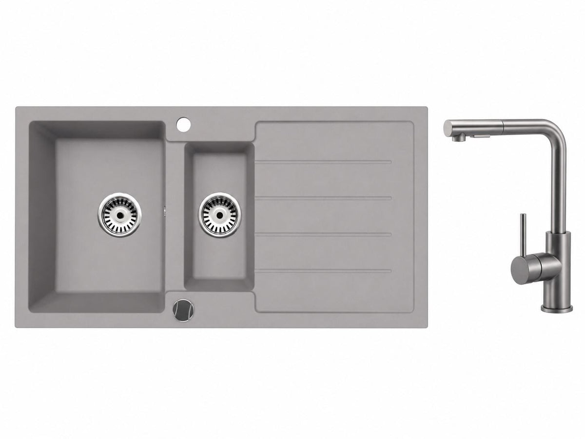 Faizee Home Granitspüle 100 × 50 cm mit 1,5 Becken – inkl. wählbarer Armatur & Siphon-Set