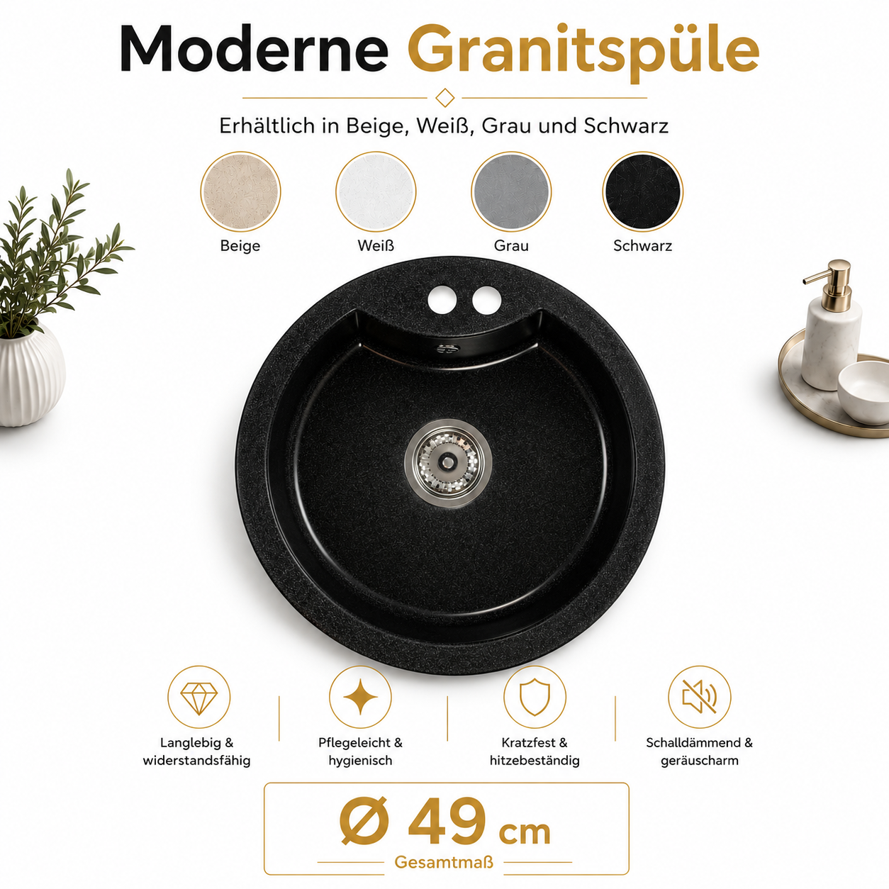 Granitspüle Vela Ø 49 cm – Runde Einbauspüle aus Granit