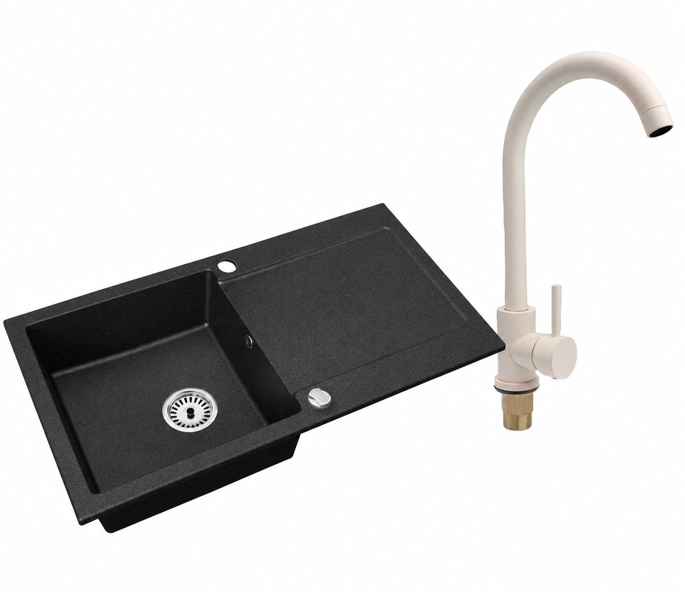Granitspüle Element mit Abtropffläche – Einbauspüle beidseitig montierbar, inkl. Siphon Mit Armatur
