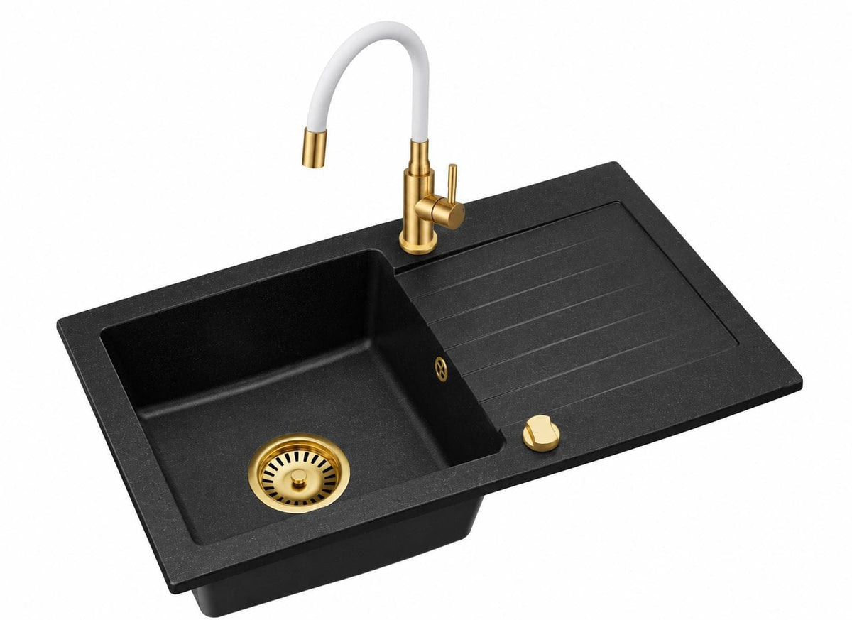 Granitspüle Alisha 75 x 43,5 cm mit Armaturenauswahl Gold – inkl. Siphon-Set
