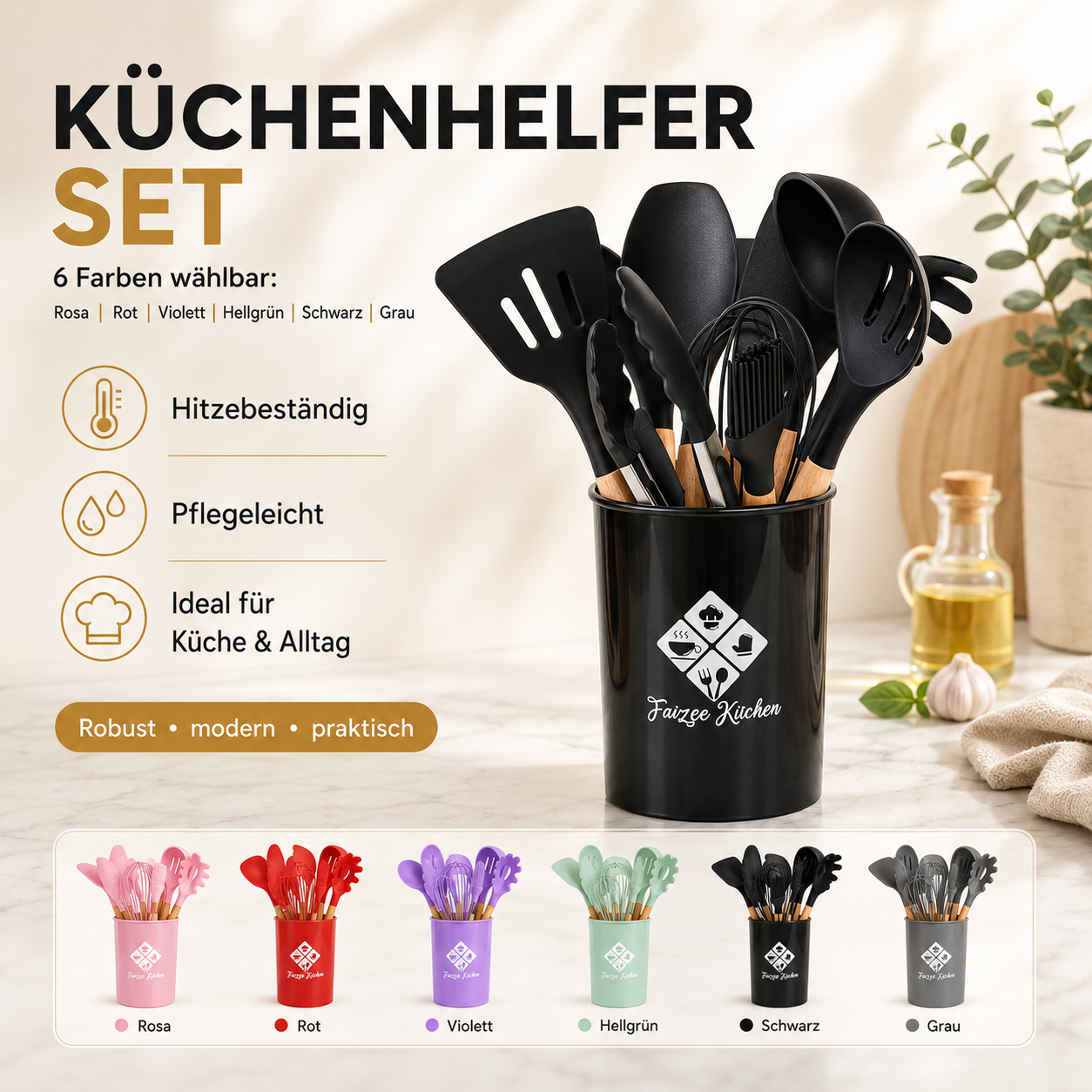 38-tlg. Silikon Küchenhelfer Set mit Holzgriff