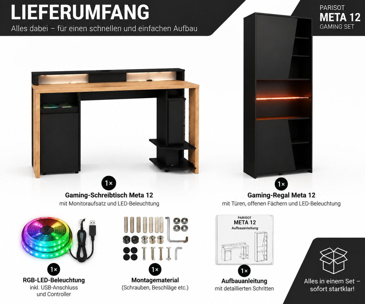 Parisot Meta 12 Gaming Set mit LED – Gaming-Schreibtisch & Regal in Schwarz/Holzoptik