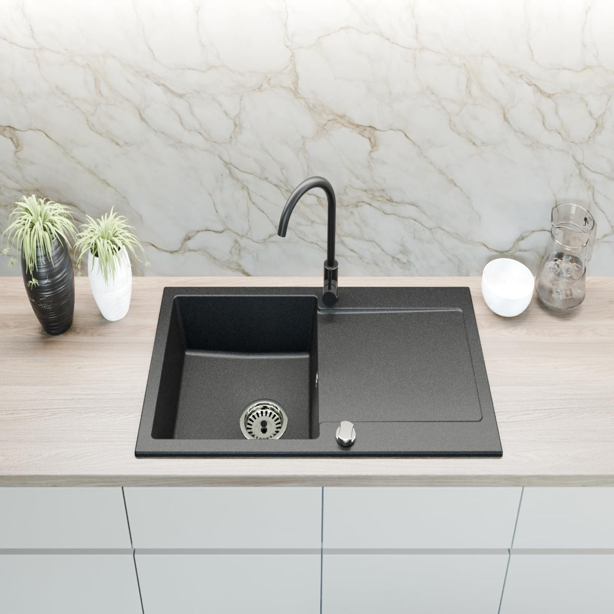 Granitspüle Element 90x50 cm mit Abtropffläche inkl. Armatur & Siphon-Set