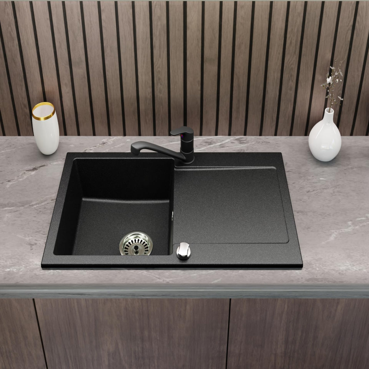 Granitspüle Element 90x50 cm mit Abtropffläche inkl. Armatur & Siphon-Set