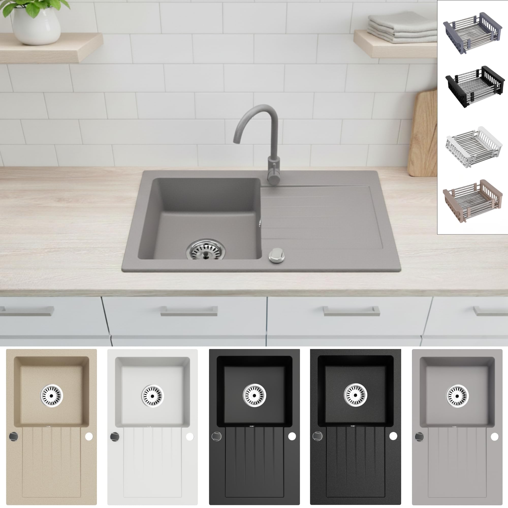 Granitspüle Alisha 75×43,5 cm – Reversible Einbauspüle mit Spülkorb & Siphon-Set Optional mit Armatur