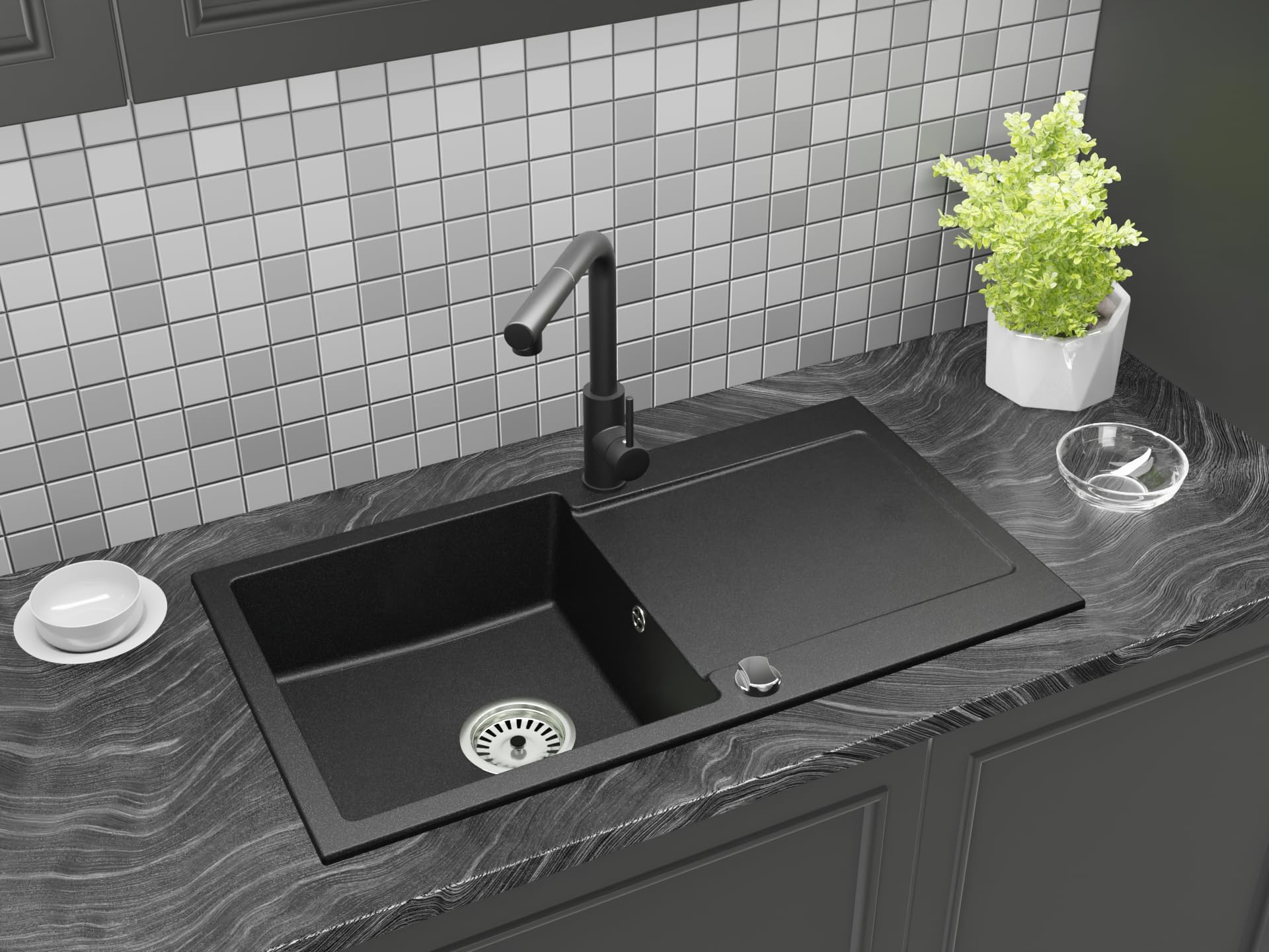 Granitspüle Element 90x50 cm mit Abtropffläche inkl. Armatur & Siphon-Set