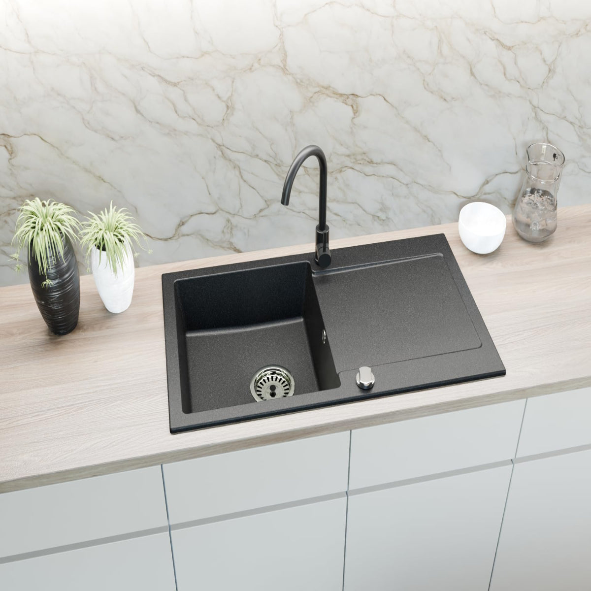 Granitspüle Element 90x50 cm mit Abtropffläche inkl. Armatur & Siphon-Set