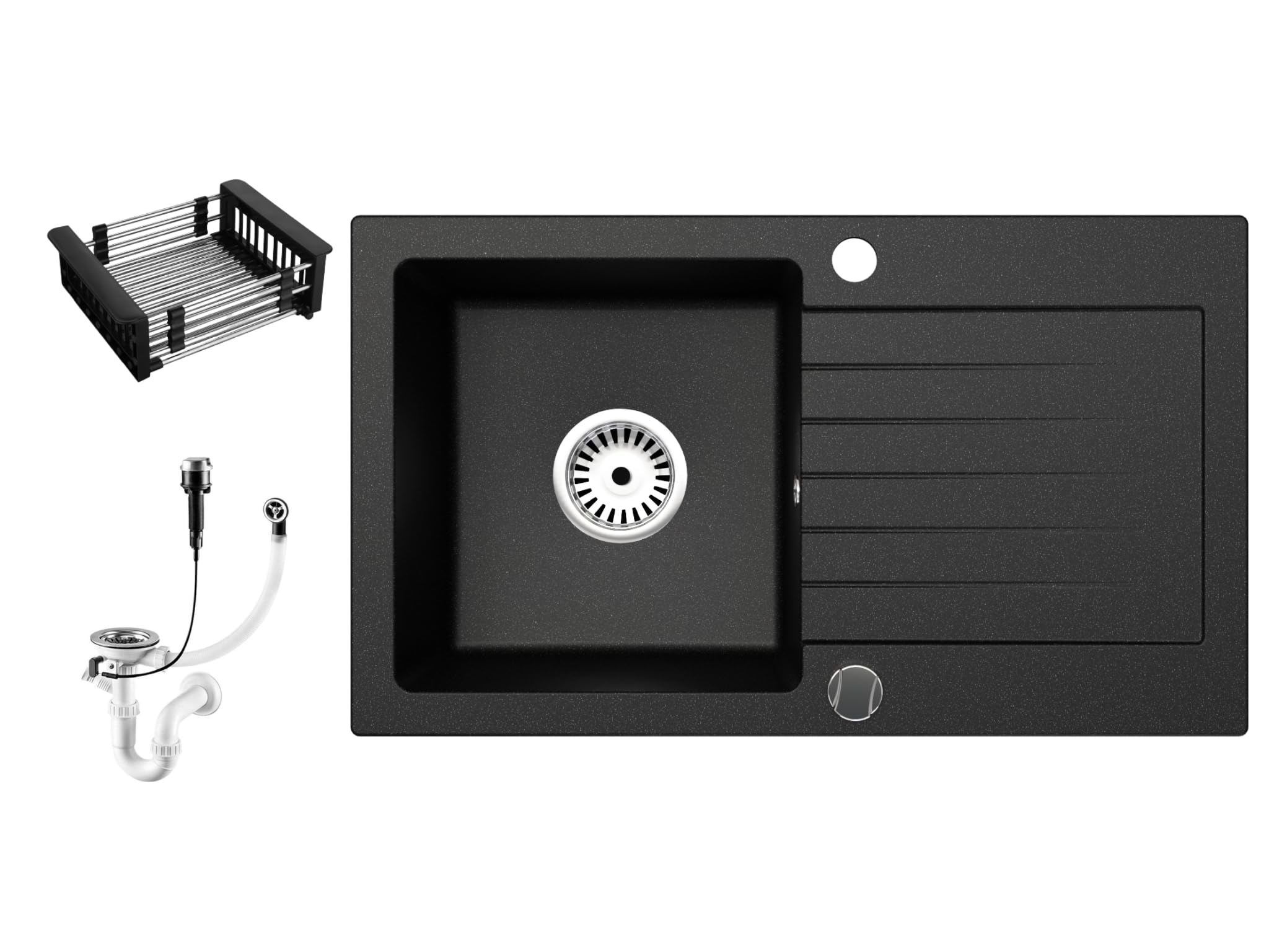 Granitspüle Alisha 75×43,5 cm – Reversible Einbauspüle mit Spülkorb & Siphon-Set Optional mit Armatur