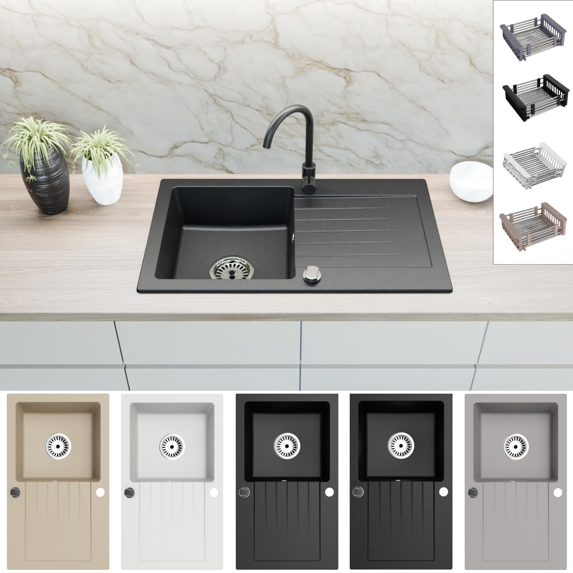 Granitspüle Alisha 75×43,5 cm – Reversible Einbauspüle mit Spülkorb & Siphon-Set Optional mit Armatur