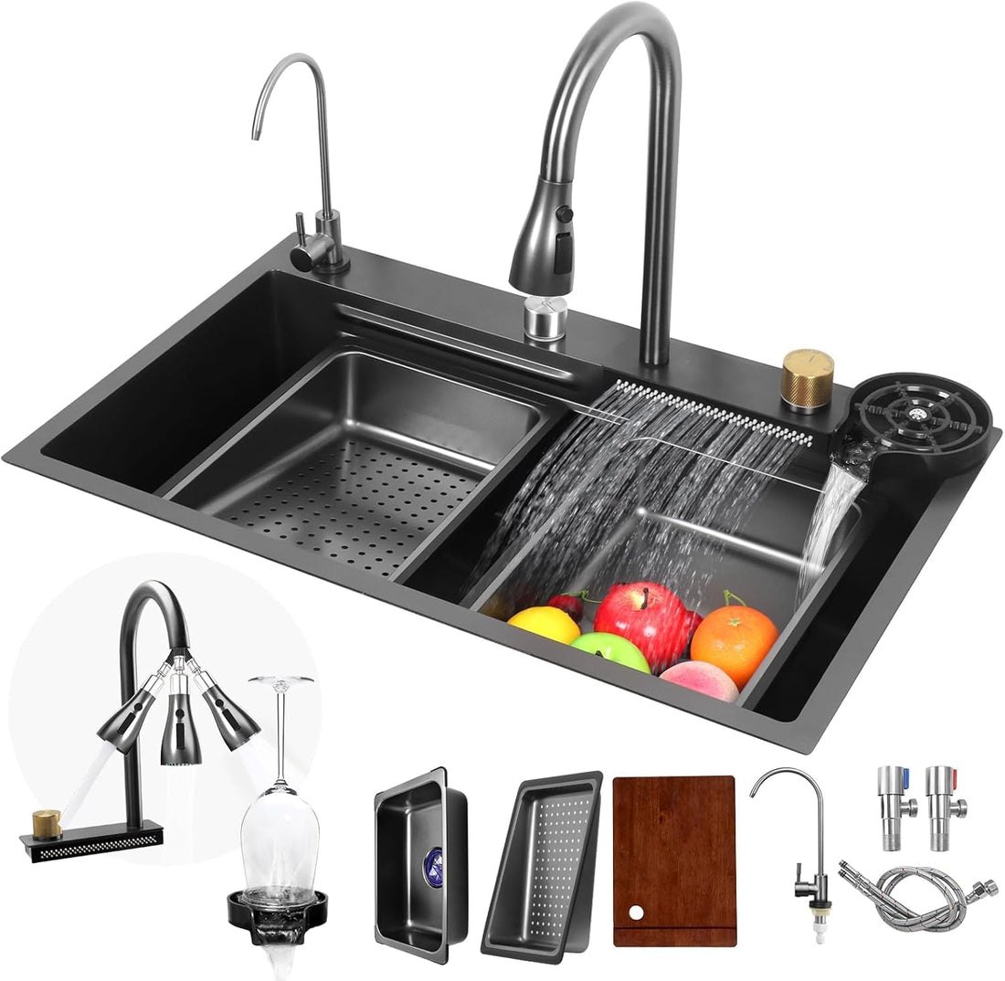 Neom Edelstahlspüle 75x45 cm mit 4-fach Wasserhahn, Wasserfall & Zubehör