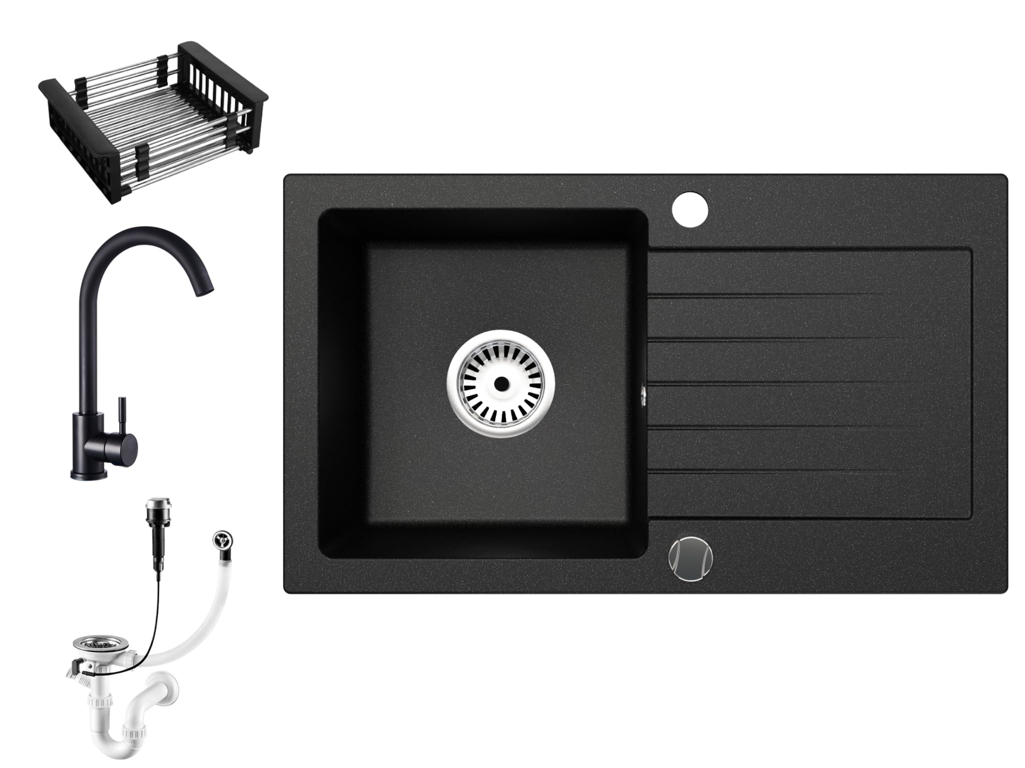 Granitspüle Alisha 75×43,5 cm – Reversible Einbauspüle mit Spülkorb & Siphon-Set Optional mit Armatur